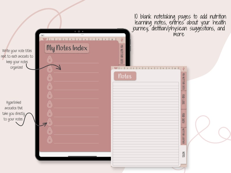 May include: A digital planner with a pink background and avocado illustrations. The planner includes a notes index and 10 blank notetaking pages for nutrition learning, health journey, and dietitian suggestions.