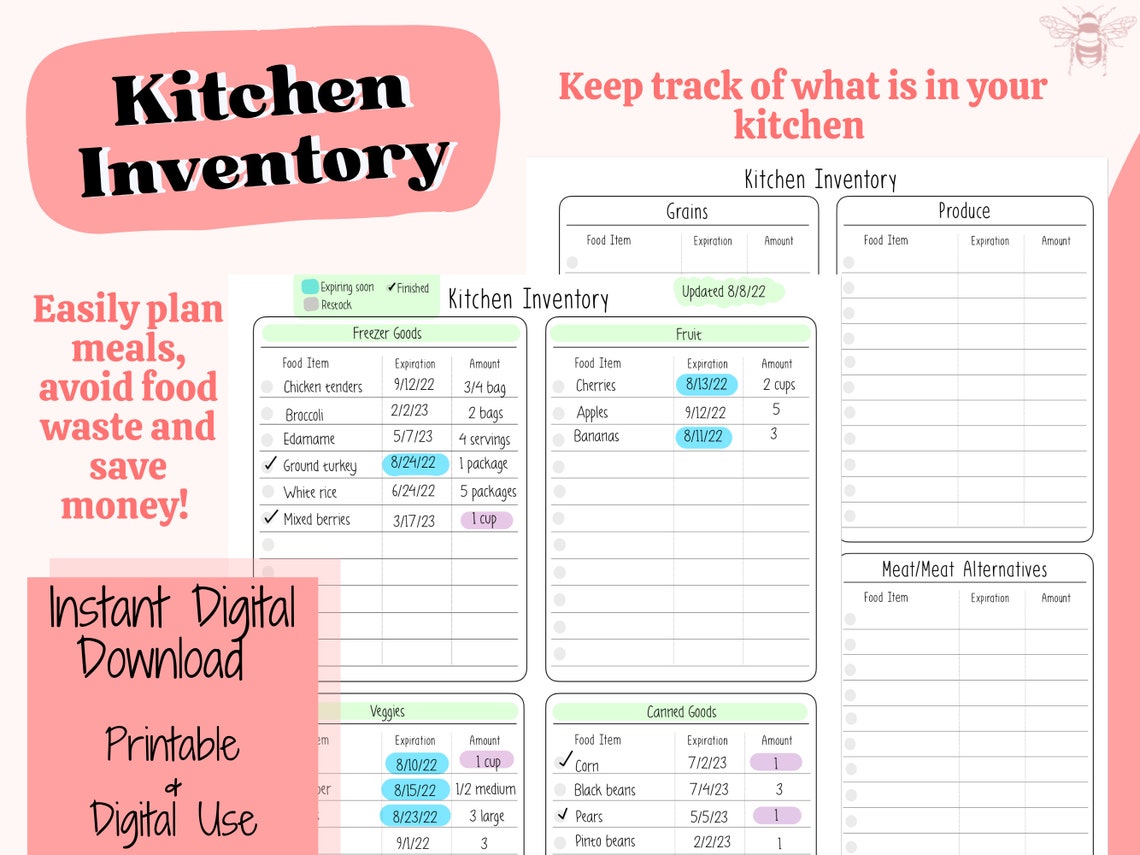 Digital Kitchen Inventory Template Instant Download Printable Food