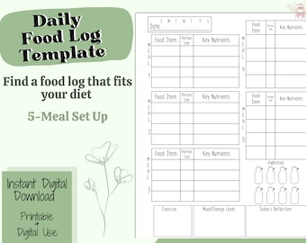 Digital Daily Food Log Template, Instant Download 5-Meal Nutrition Tracker, Printable Diet Tracker, Minimalist Daily Food Log, Letter Size