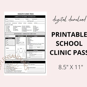 School Nurse Clinic Pass I Health Clinic Pass I Printable I Instant Download I Digital File