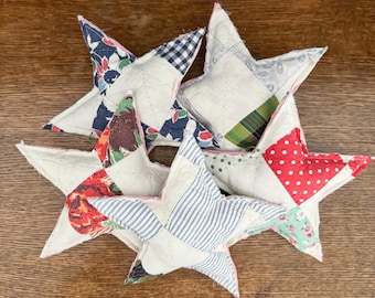 vintage quilt stars, set of five, quilted star pillows, antique quilt stars, farmhouse chic, basket filler