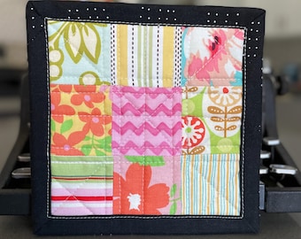 Scrappy Quilted Patchwork Mug Rug, Bright Colors, Coffee Coaster Mug Mat Tea Coffee Snack Mat, Teacher Gift, Candle Mat, Desk Coaster