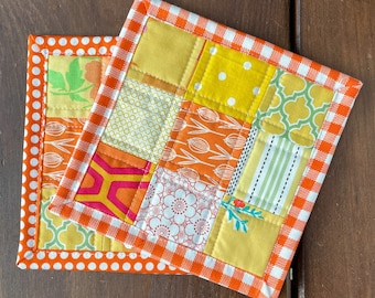 Quilted Scrappy Orange and Yellow Patchwork Mug Rug Set - Coffee Coaster Mug Mat Tea Coffee Snack Mat - FREE shipping in US