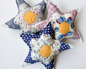 vintage grandmother’s flower garden feedsack quilt stars, set of 3, hand-cut quilted star pillows, antique quilt stars, farmhouse, nursery