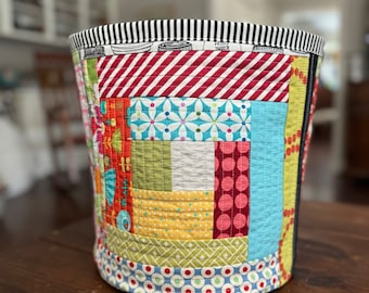 Patchwork Quilted Basket - Quilted Fabric Bucket - Farmhouse Style - Quilted Storage Bin - Large Size - Free Shipping in US