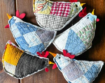 Vintage Quilt Chicken Pillow: Farmhouse Bowl Filler, Quilted Stuffed Hen, Barnyard Friends, Large Size 8 x 5