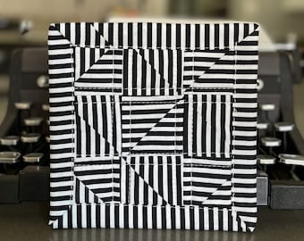 Quilted Patchwork Mug Rug, Black and White, Coffee Coaster, Mug Mat, Desk Placemat, Candle Coaster, Coffee Lover Gift