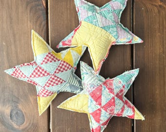 feedsack vintage quilt stars, quilted star pillows, antique quilt stars, bowl filler, cottagecore style, nursery decor, vintage style