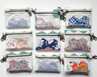 Vintage Feedsack Quilt Zipper Pouch: Repurposed Antique Quilt Coin Purse