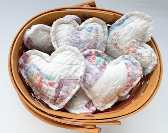 Feedsack tattered quilt hearts, set of 8, valentine hearts, antique quilted heart pillows, bowl filler, vintage quilt stuffed hearts