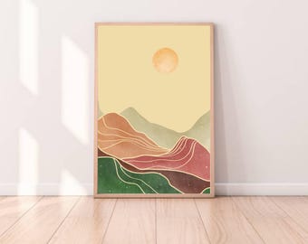 Modern Sunset Moon Printable Wall Art, Modern Wall Decor, Minimalist Nature Art Print, Modern Living Room Decor, Digital Download