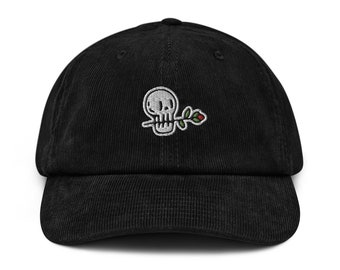 Casquette de baseball brodée Skull and Rose en velours côtelé