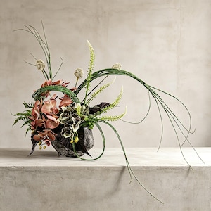Könnte beinhalten: Ein Blumenarrangement mit altrosa Orchideen und dunkelgrünem Blattwerk in einem strukturierten grauen Gefäß. Die Komposition umfasst lange, gebogene grüne Stängel, kleine weiße kugelförmige Blüten und leuchtend gelbe Knospen, die ein dynamisches, asymmetrisches botanisches Ensemble bilden.