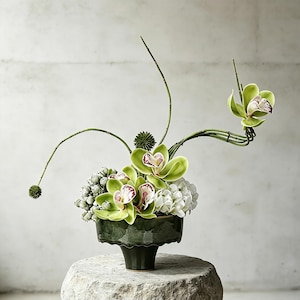 Puede incluir: Arreglo floral con orquídeas verdes con detalles rojos y blancos, hortensias blancas y bayas verdes en un cuenco de cerámica verde oscuro. El cuenco está sobre un pedestal de piedra. Tallos verdes curvados.