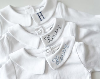 Custom Name Collar | Embroidered Peter Pan Collar | Collared Undershirt | Boys Undershirt | long sleeve baby boy | personalized undershirt