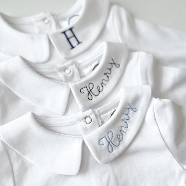 Custom Name Collar | Embroidered Peter Pan Collar | Collared Undershirt | Boys Undershirt | long sleeve baby boy | personalized undershirt