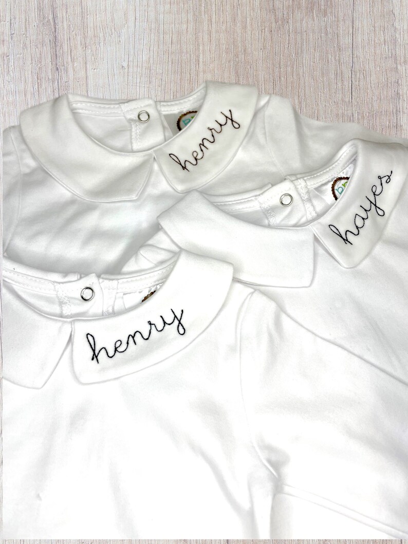 Custom Name Collar Embroidered Peter Pan Collar Collared Undershirt Boys Undershirt long sleeve baby boy personalized undershirt image 4