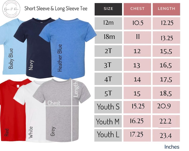 May include: Size chart for short and long sleeve t-shirts in sizes 12 months to Youth Large. The chart shows chest and length measurements in inches.