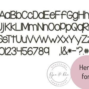 May include: A black and white font chart with the alphabet, numbers, and punctuation marks. The font is called "Henry font".