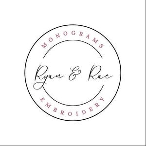 May include: A black and white circular logo with the text "MONOGRAMS" and "EMBROIDERY" in a circle around the text "Ryan & Rae".