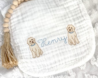 Dog lover Baby Gift | Custom Embroidered Muslin Burp Rag | Personalized Baby Burp Cloth | Baby Shower Gift | Newborn Gift | Golden Doodle