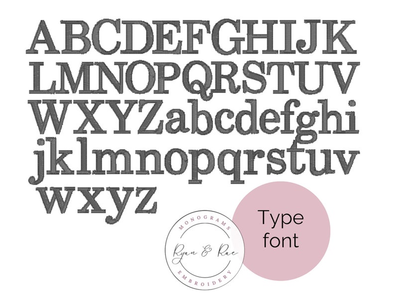 May include: A black and white alphabet font with uppercase and lowercase letters. The text "Type font" is written in a circle with a pink background.