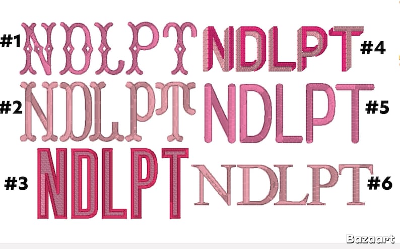 Op de afbeelding: Een afbeelding toont zes verschillende geborduurde tekststijlen van de letters NDLPT in verschillende roze tinten. Elke stijl is genummerd en toont verschillende lettertypen en stiktechnieken voor monogram- of personalisatieprojecten.