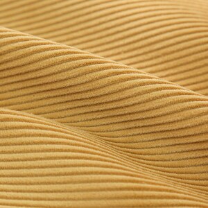 May include: Close-up of a textured, corduroy fabric in a light brown color.