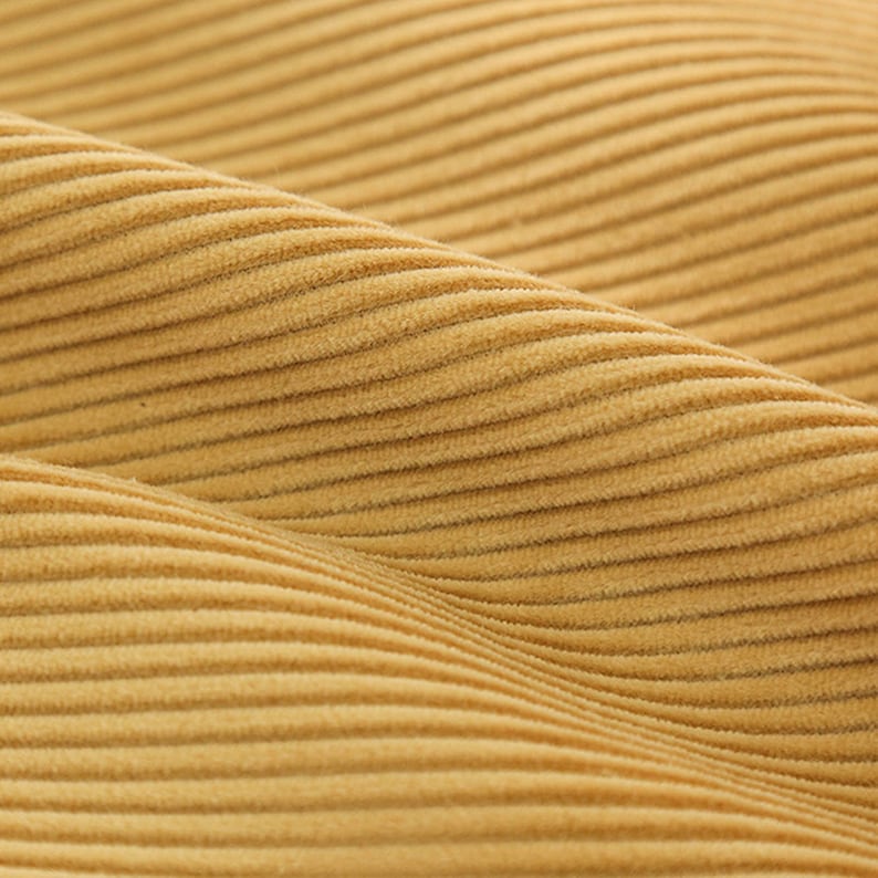May include: Close-up of a textured, corduroy fabric in a light brown color.