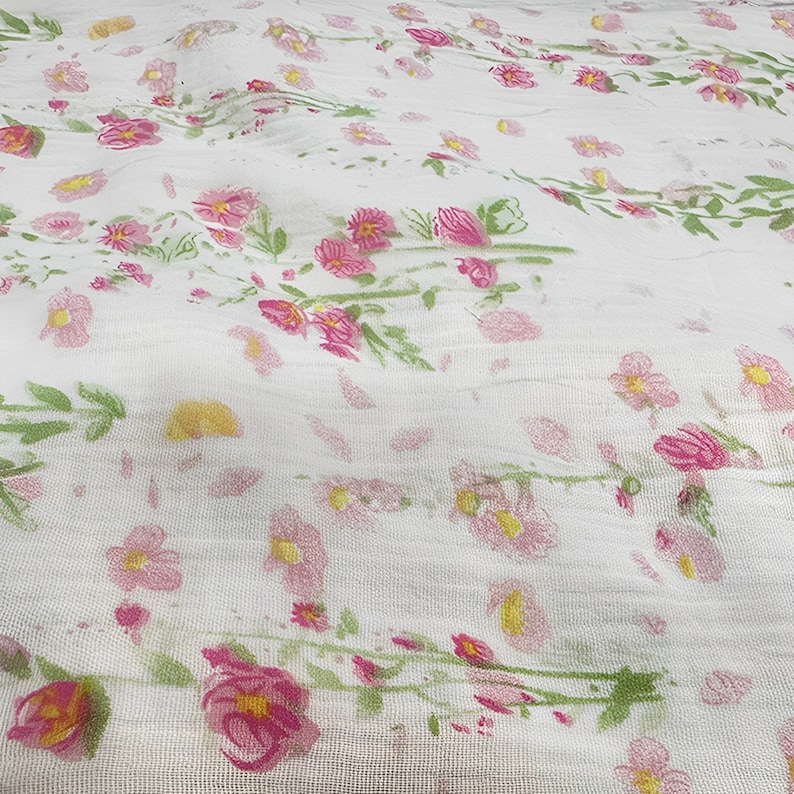 May include: White fabric with a pink and green floral pattern. The fabric has a soft, gauzy texture.