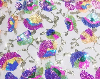 Tela de encaje con lentejuelas y flores, malla de tul, lentejuelas, encaje, para vestidos de verano, bordados, 1/2 yarda