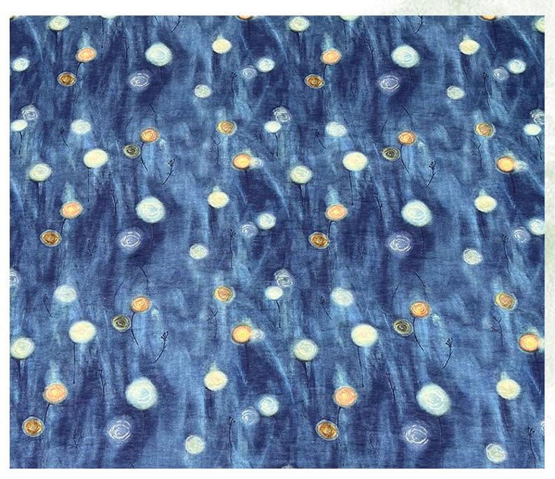 May include: A blue fabric with a pattern of white and yellow floral designs. The flowers have a circular shape and are scattered across the fabric. The background has a watercolor effect.