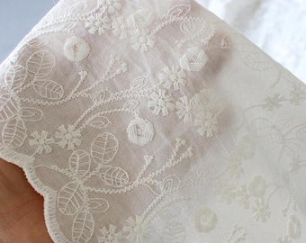 Flower Cotton Fabric,Embroidered Fabric,White Fabric,Summer Dress Fabric,Floral Fabric,Fabric By 1/2 Yard