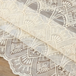 Flower Lace Fabric,Embroidered Fabric,Tulle Mesh Fabric,Flower Fabric,Curtain Fabric,Wedding Fabric,Beige Fabric,Fabric By 1/2 Yard