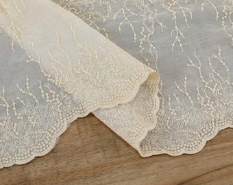 Tela de algodón con bordado floral, tela beige, tela para cortinas, tela floral, tela bordada, tela para vestidos, tela por 1/2 yarda, tela de algodón