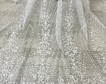 White Lace Fabric,Wedding Fabric,Flower Fabric,Embroidered Fabric,Lace Fabric,Sequin Fabric,White Fabric,Fabric By 1/2 Yard,Dress Fabric
