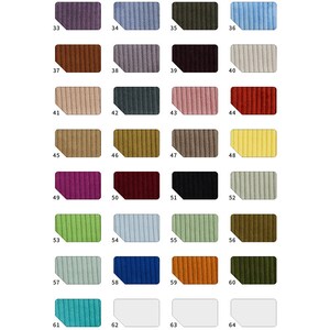 May include: Swatch card with 64 different fabric samples. The samples are arranged in rows of four, with each row numbered from 33 to 64. The fabric samples are a variety of colors and textures, including solid colors, stripes, and patterns.