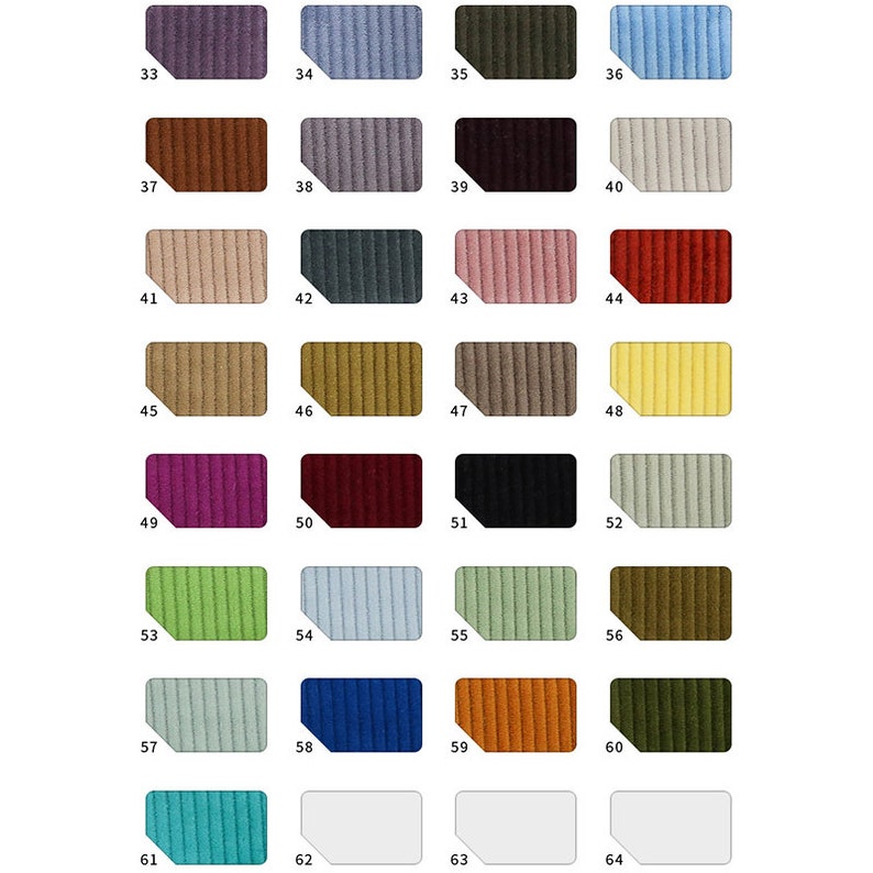 May include: Swatch card with 64 different fabric samples. The samples are arranged in rows of four, with each row numbered from 33 to 64. The fabric samples are a variety of colors and textures, including solid colors, stripes, and patterns.