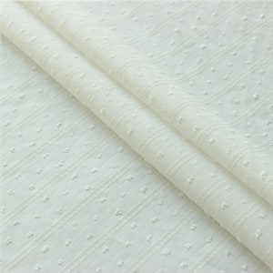 May include: White cotton fabric with a textured, dotted pattern and thin, horizontal stripes. The fabric is folded in half, showing the pattern on both sides.