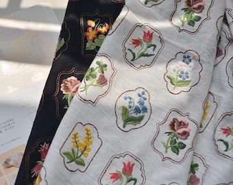Linen Flower Fabric,Embroidered Fabric,Floral Fabric,Clothes Fabric ,Curtain Fabric,Upholstery Fabric,Summer Dress Fabric,Fabric by 1/2 yard