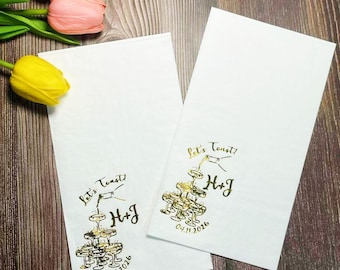 Custom Gold Foil Champagne Tower Dinner Napkins, Personalized Wedding Decor