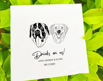 Custom Illustrated Pet Wedding Napkins, Personalized Dog Cat Cocktail Napkins