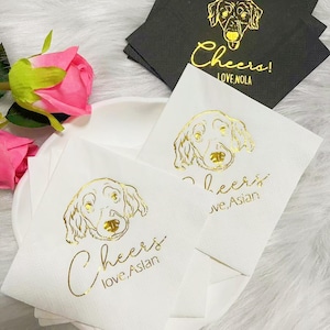 Tovaglioli per matrimonio personalizzati con illustrazioni in lamina d'oro a tema cane, tovaglioli per cocktail personalizzati con decorazioni in lamina per animali domestici, tovaglioli per fidanzamento personalizzati, tovaglioli per feste