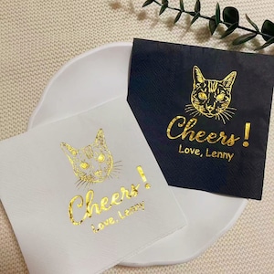 Tovaglioli neri personalizzati, tovaglioli per matrimonio con animali domestici in lamina d'oro, tovaglioli con illustrazioni personalizzate per gatti, decorazioni per matrimoni, tovaglioli per feste, tovaglioli per compleanni