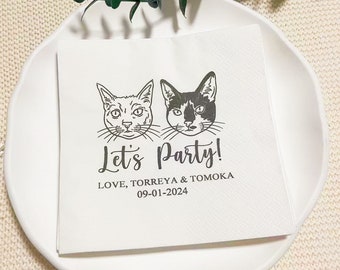 Custom Illustrated Pet Wedding Napkins, Personalized Party Decor