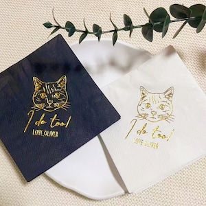 Tovaglioli personalizzati per matrimonio con gatto in lamina d'oro, tovaglioli personalizzati per cocktail con cane, tovaglioli personalizzati per decorazioni nuziali, tovaglioli personalizzati per matrimonio con gatto illustrato in lamina.