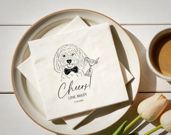 Aangepaste geïllustreerde hond cocktail servetten, gepersonaliseerde doodle servetten, huisdier bruiloft servetten, cheers cocktail servetten, kat cocktail servetten