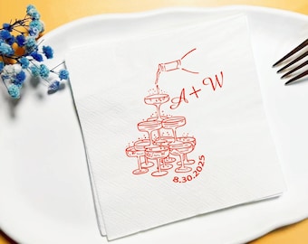 Puede incluir: Servilleta de boda roja y blanca con una ilustración de torre de champán y el texto "A+W 8.30.2025".