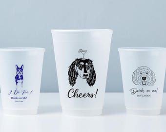 Custom Pet Portrait Wedding Frosted Cups, Wedding Drink Cups with Dog or Cat Illustration, Personalized Reception Drinkware
