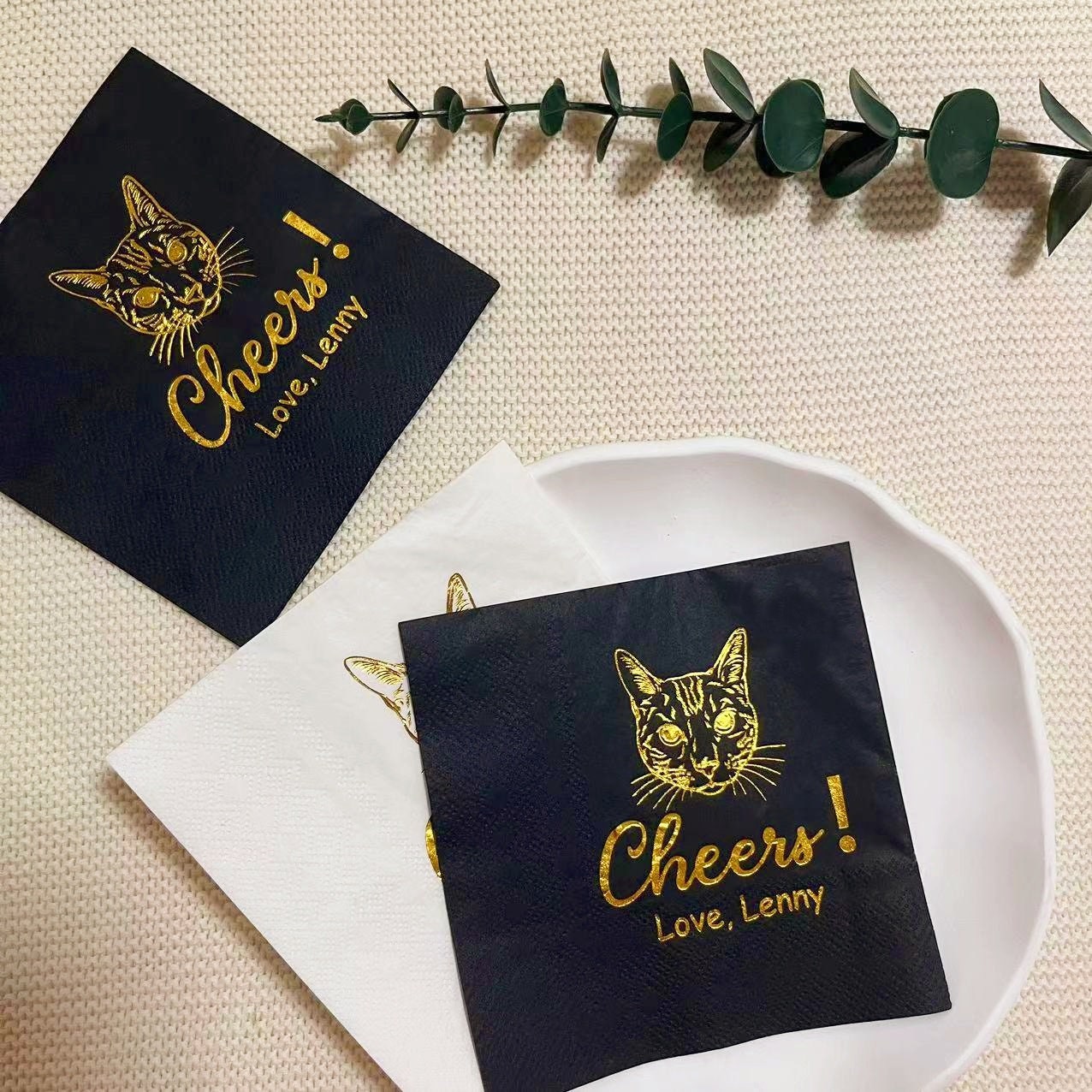 Custom Gold Foil Pet Wedding Black Napkins, Party Black Napkins, Custom Illustrated Dog Napkins, Wedding Decor, Shower Napkins, Party Napkin